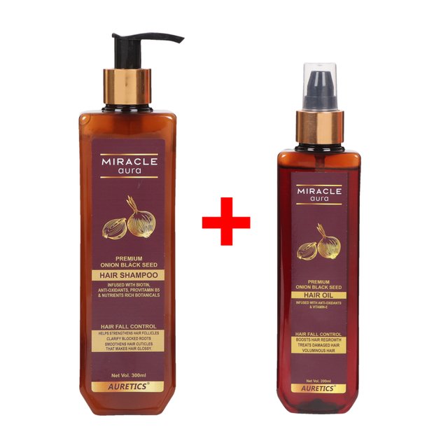 [1+1] MiracleAura: Premium Onion Black Seed Hair Shampoo with Biotin, Anti Oxidants & Provitamins